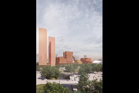 Olympicopolis - Stratford Waterfront - Allies and Morrison, O’Donnell and Tuomey and Arquitecturia. Image shows from left to right: the two residential towers, UAL London College of Fashion, the potential Smithsonian building standing slightly in front of